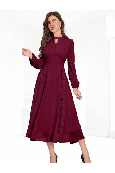 Burgundy Keyhole Neck Ruffled Midi Dress