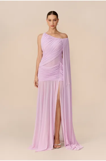 Romantic Drama Viola Asymmetrical Cape Sleeve Maxi Dress