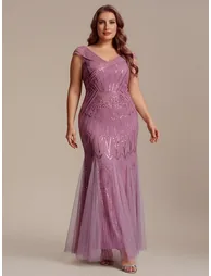 ever CABARET|Sequin Drop Shoulder Sleeve Beaded Formal Dress - 8