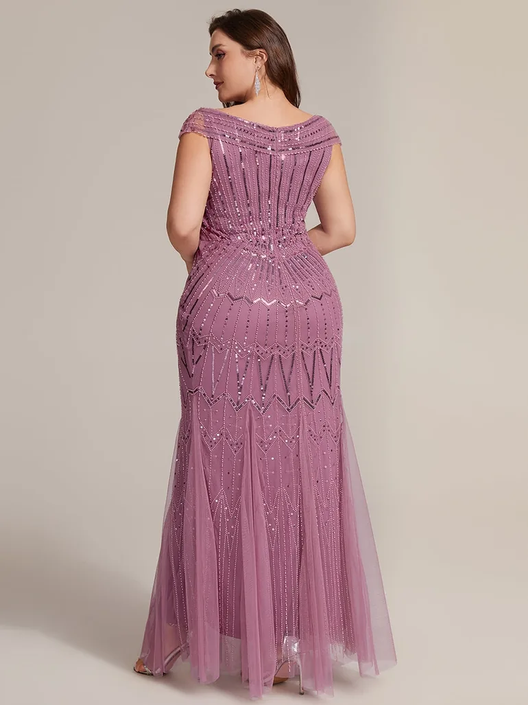 ever CABARET|Sequin Drop Shoulder Sleeve Beaded Formal Dress - 11
