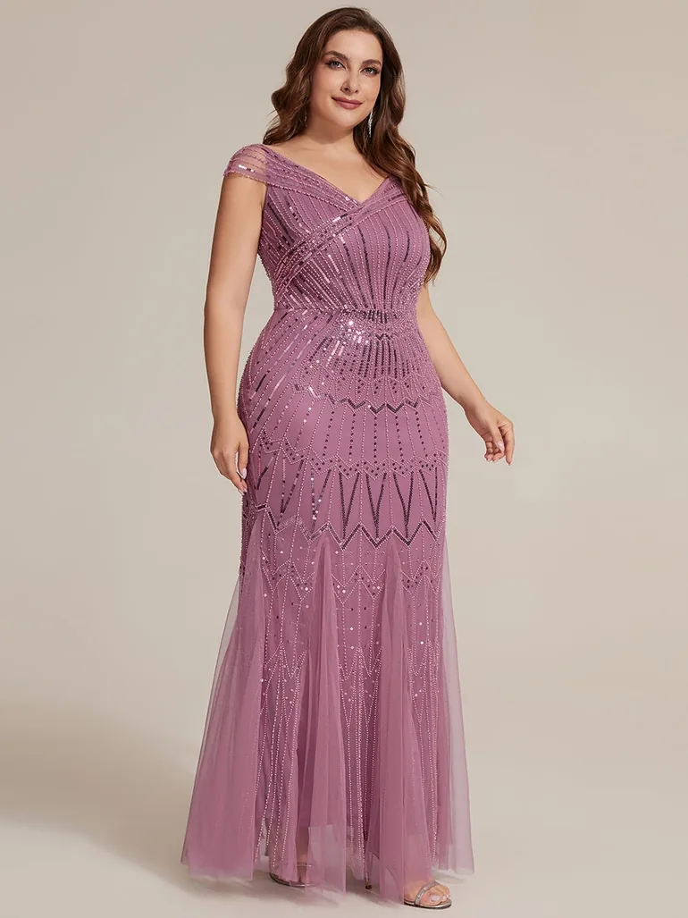 ever CABARET|Sequin Drop Shoulder Sleeve Beaded Formal Dress - 12