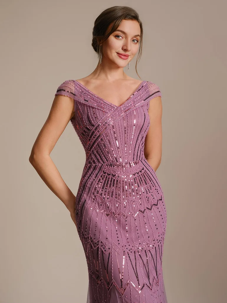 ever CABARET|Sequin Drop Shoulder Sleeve Beaded Formal Dress - 4