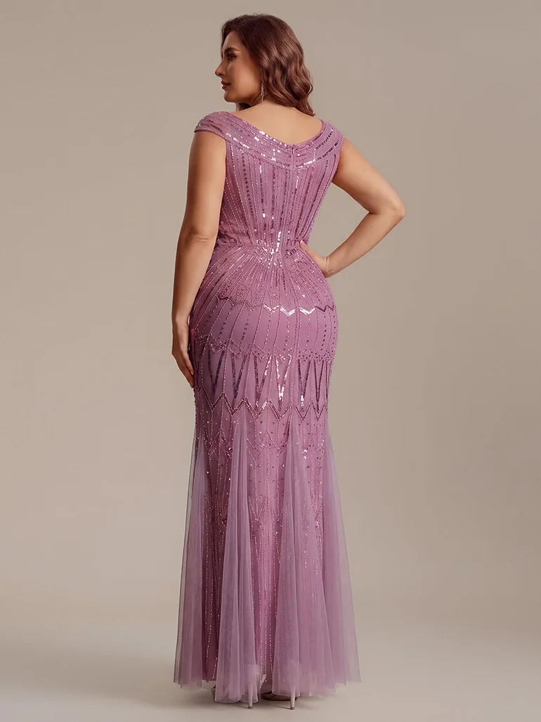 ever CABARET|Sequin Drop Shoulder Sleeve Beaded Formal Dress - 6