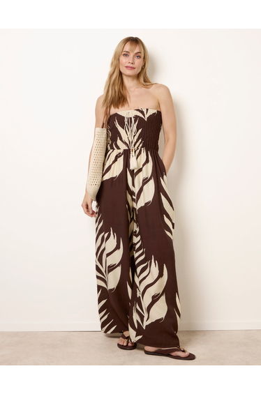 Printed Bandeau Tie Neck Shirred Jumpsuit