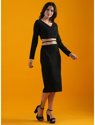 Women Black Tie-Up Wrap Crop Top and Skirt Co-Ords - 1