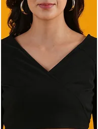 Women Black Tie-Up Wrap Crop Top and Skirt Co-Ords - 3