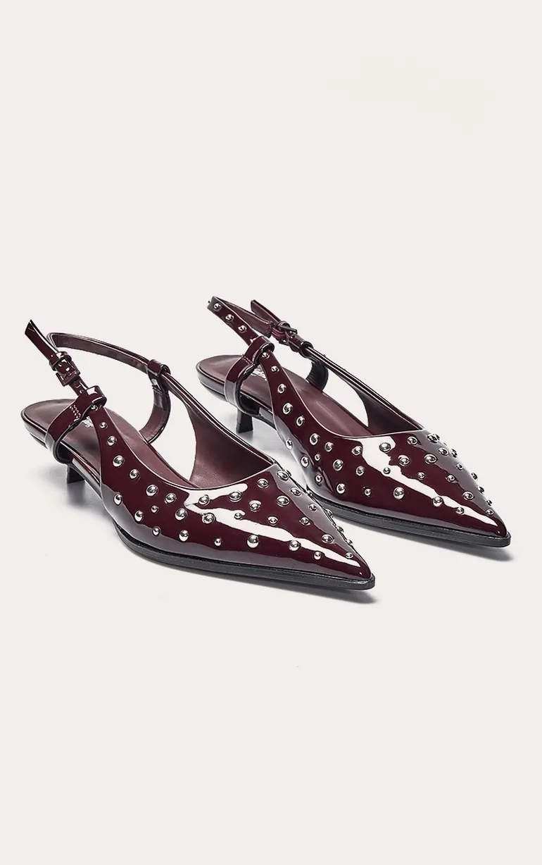 Burgundy Patent PU Stud Detail Kitten Court Heels - 2