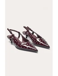 Burgundy Patent PU Stud Detail Kitten Court Heels - 2