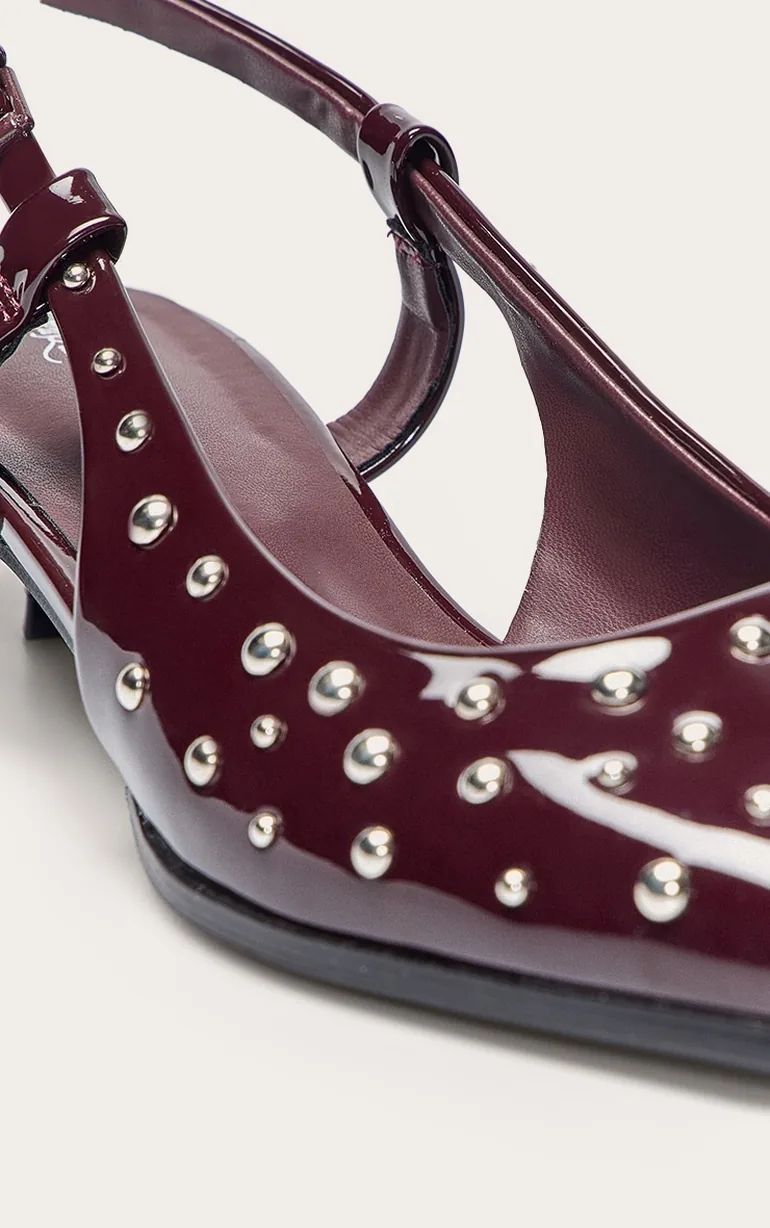 Burgundy Patent PU Stud Detail Kitten Court Heels - 4