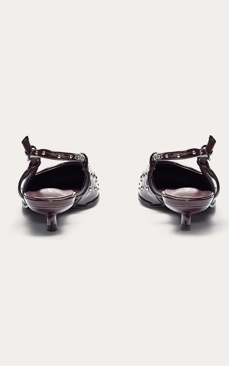 Burgundy Patent PU Stud Detail Kitten Court Heels - 3