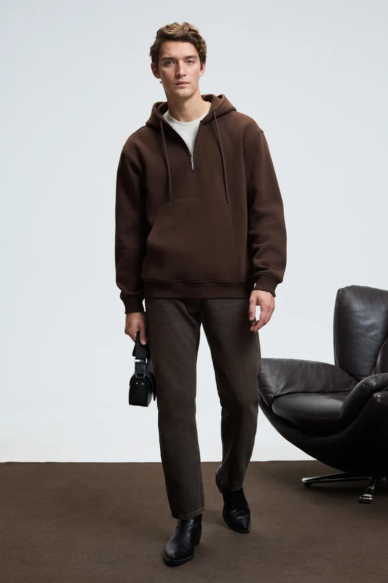 GRIMELANGE JUSTUS Men's Hooded Kangaroo Pocket Zipper Collar Brown Sweatshirt