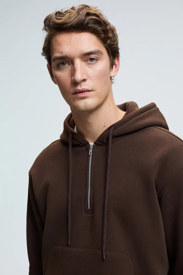 GRIMELANGE JUSTUS Men's Hooded Kangaroo Pocket Zipper Collar Brown Sweatshirt - 4