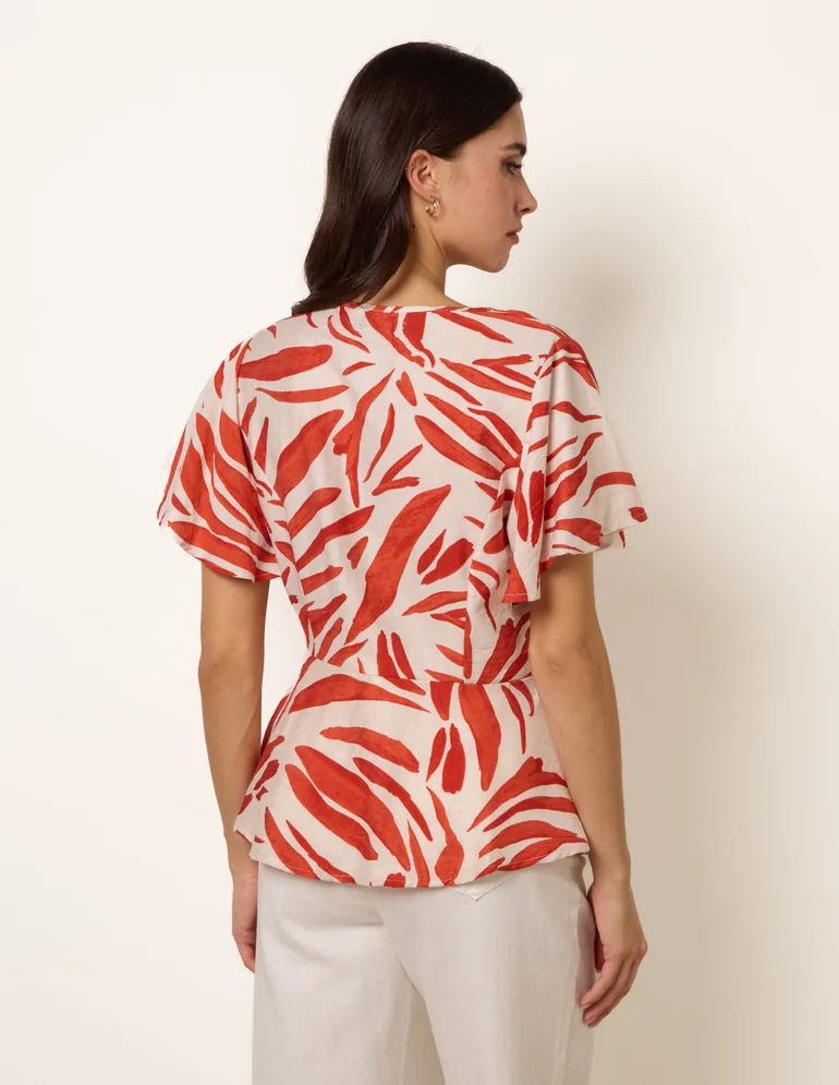 Top with Brushstroke Leaf Print - 5