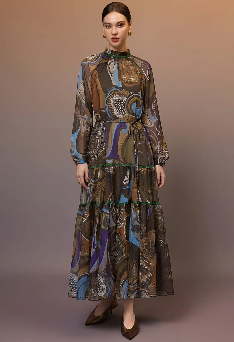 Olive Abstract Floral Puff Sleeve Frilling Maxi Dress