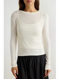 Ecru Cashmere Blended Transparent Double Layer Fitted/Fitted Knitted Blouse - 8