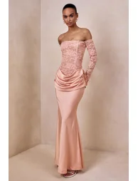 Rinna | Pink Lace And Satin Bardot-Neck Maxi Dress - 6