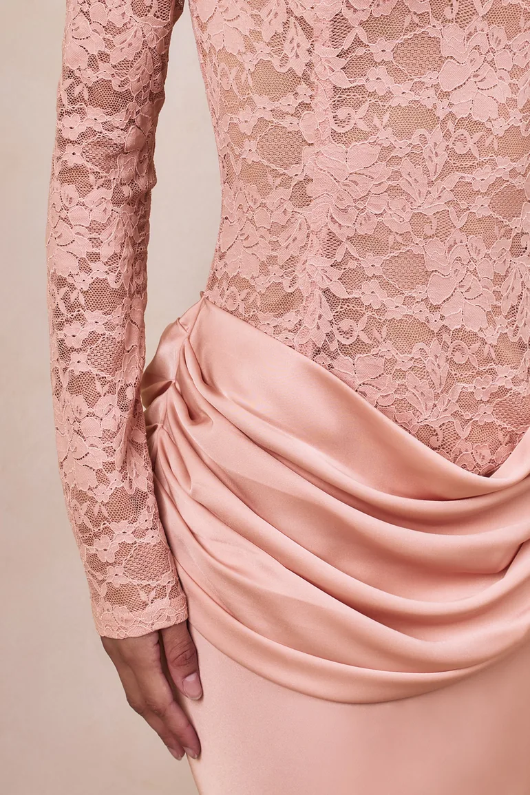 Rinna | Pink Lace And Satin Bardot-Neck Maxi Dress - 5