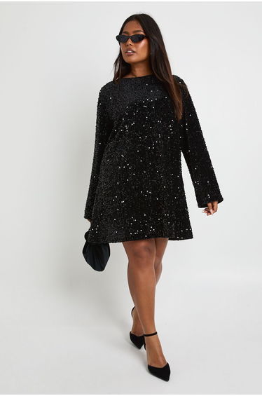 Plus Sequin Velvet Bow Back Shift Dress - black