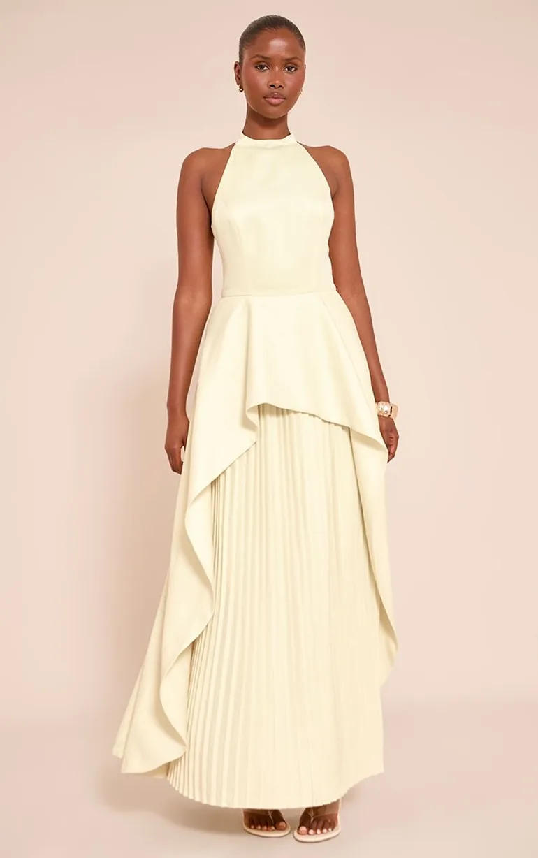 Lemon Woven Halterneck Pleated Underlay Maxi Dress - 5