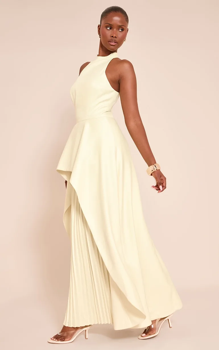 Lemon Woven Halterneck Pleated Underlay Maxi Dress - 2