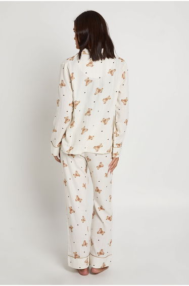 Womens Matching Family Muslin Bear Print Long Sleeve Shirt & Trousers Pyjama Set - cream product thumbnail 3