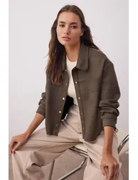 Khaki Gold Button Detailed Suede Shirt Jacket