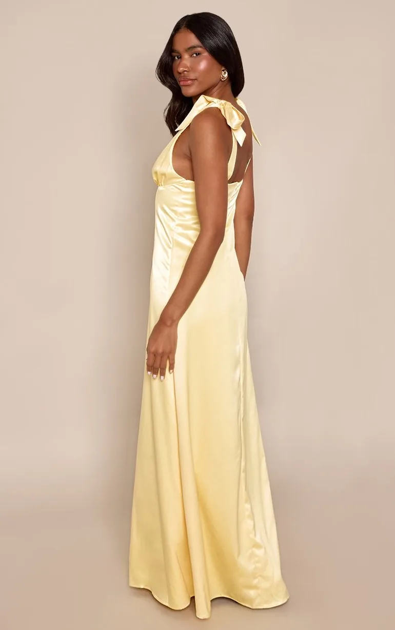 Lemon Satin Tie Shoulder Maxi Dress - 1