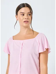Button Through Lettuce Hem Top and Bow Print Pyjama Set - 2
