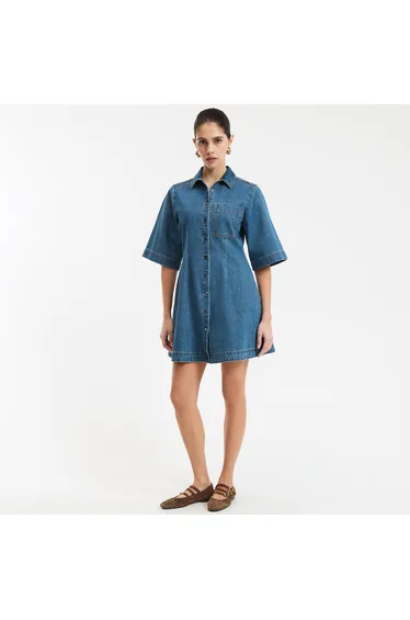 Denim Full Mini Dress with Front Press-Stud Fastening and Short Sleeves