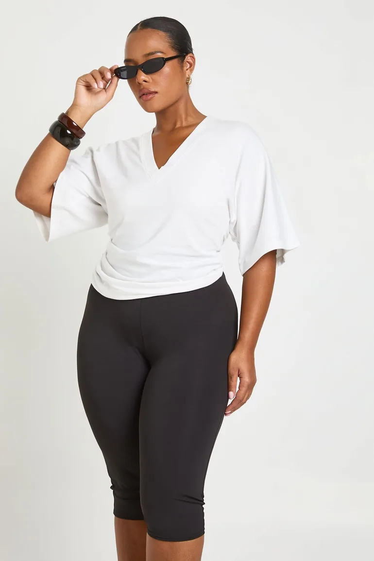Plus V Neck Cinched Waist Top - white - 2