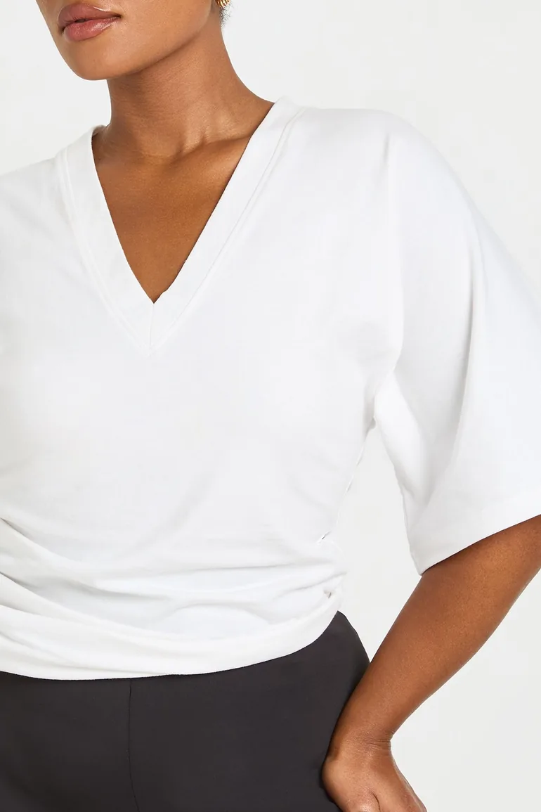 Plus V Neck Cinched Waist Top - white - 3