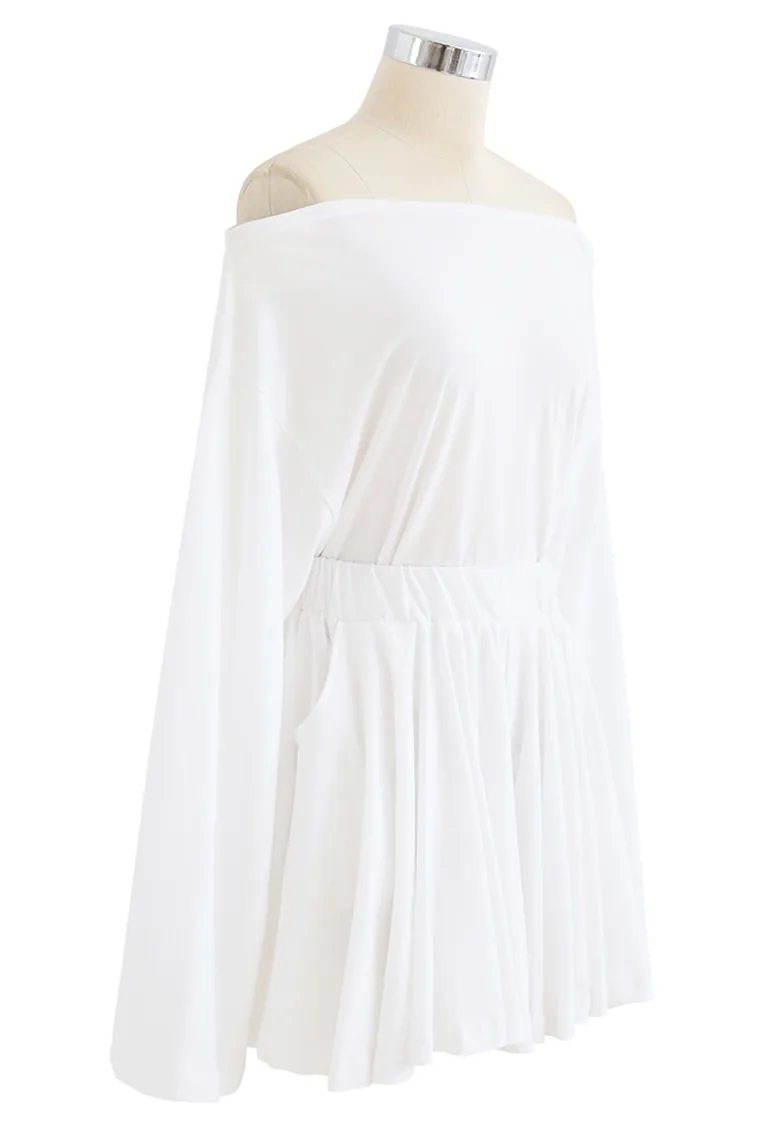Oblique Shoulder Top and Pocket Shorts Set in White - 8