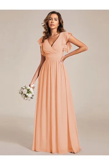 ever LILYANA|Back Cutout A-Line Pleated Ruffles Sleeve Chiffon Bridesmaid Dress