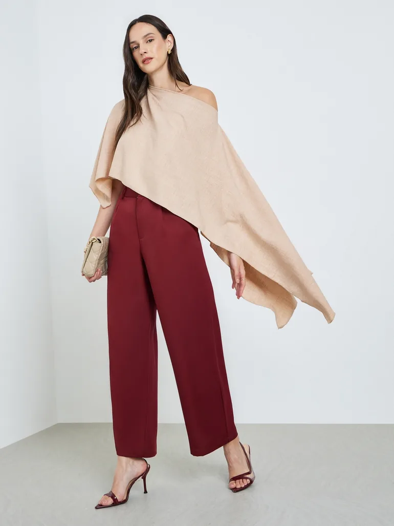 Beige One-Shoulder Cape Detail Blouse - 1