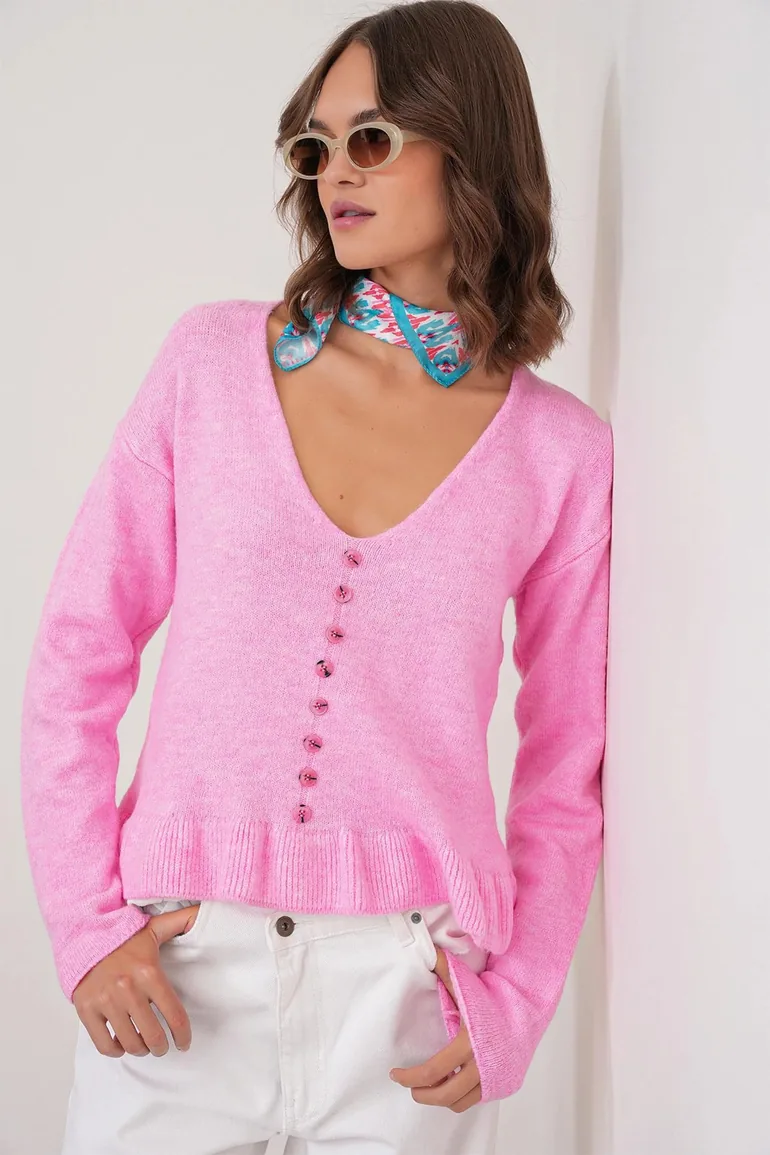 Mixray Lightweight V-Neck Knit Top with Button Detail - 2