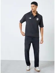 Black Graphic Print Oversized Polo Shirt
