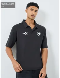 Black Graphic Print Oversized Polo Shirt - 1
