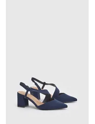 Wide Fit Eve Asymmetric Strap Block Heel Pointed Comfort Sock Court Shoes