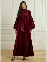 A-Line Long Sleeves Bow-Embellished Pleated Solid Color Split-Joint High Neck Maxi Dresses
