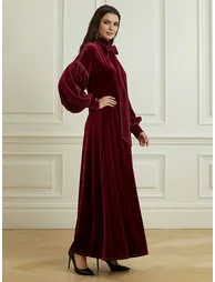 A-Line Long Sleeves Bow-Embellished Pleated Solid Color Split-Joint High Neck Maxi Dresses - 2