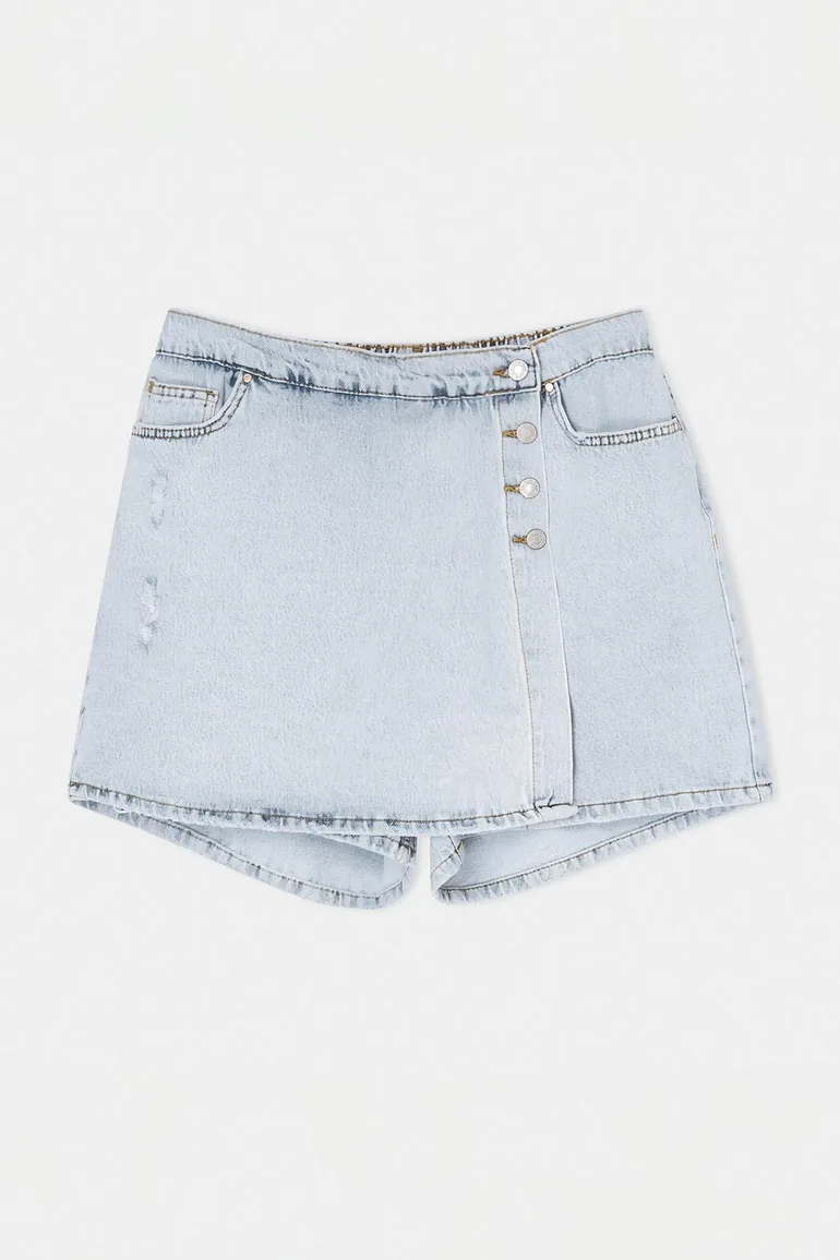 Blue Button Detailed Double-Breasted Elastic High Waist 100% Cotton Non-Stretch Denim Skirt - 3