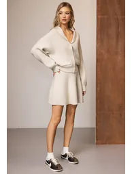 Shawl Collar Button-Up Knit Cardigan and Mini Skirt Set in Cream for Casual Outings & Coffee Dates