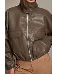 Khaki Double Funnel Neck Soft PU Zip Through Jacket - 3