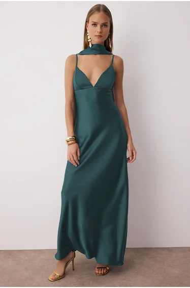 Petrol Shawl Detailed Satin Woven Maxi Evening Night Graduation Dress