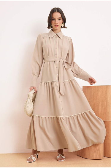 Beige Unlined Plain Woven Terryviscose Hijab Dress product thumbnail 2