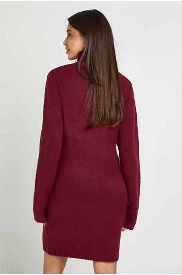 High Neck Seam Detail Knitted Mini Jumper Dress - burgundy product thumbnail 3