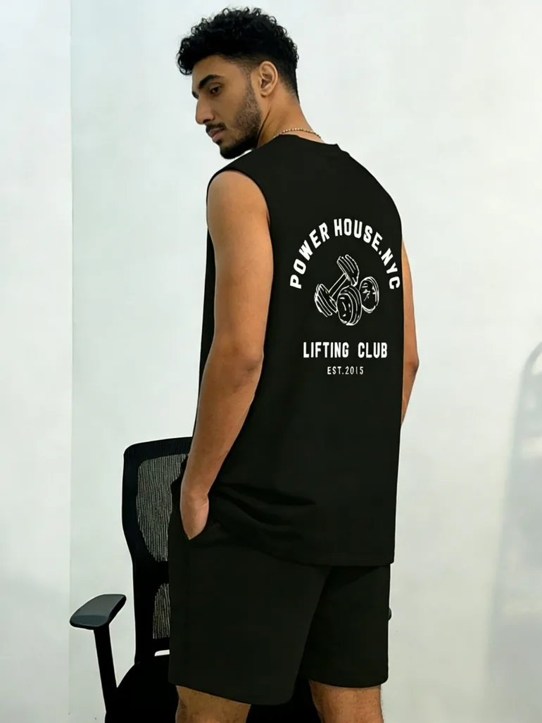 Men Black Graphic Print Round Neck Tank and Shorts Co-Ords - 2