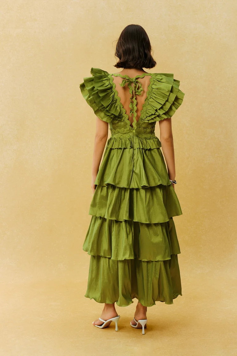 Can't Look Away Green V Neck Ruffle Sleeve Tiered Maxi Dress - 4