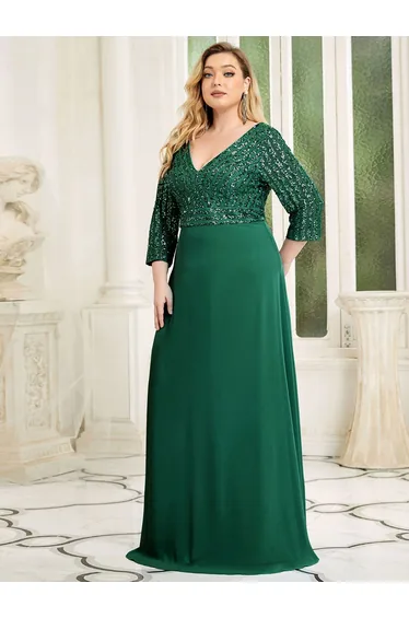 ever LUENA|Sexy V Neck Sequin Evening Dresses with 3/4 Sleeve