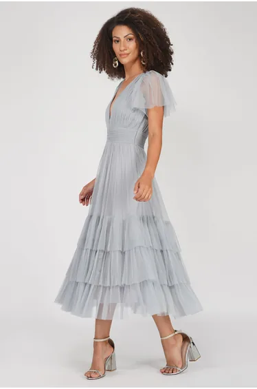 Madison Tulle Midi Dress in Grey